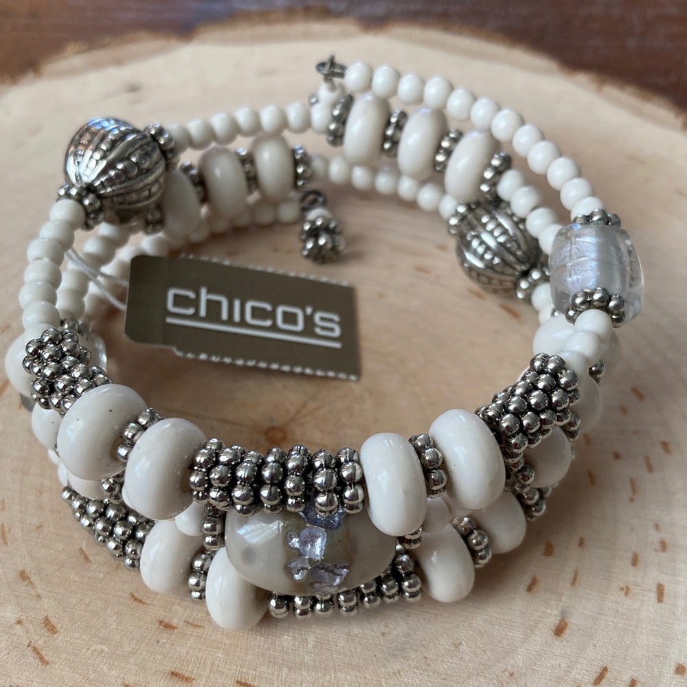 Chico's Cream and Silver Beaded Bracelet